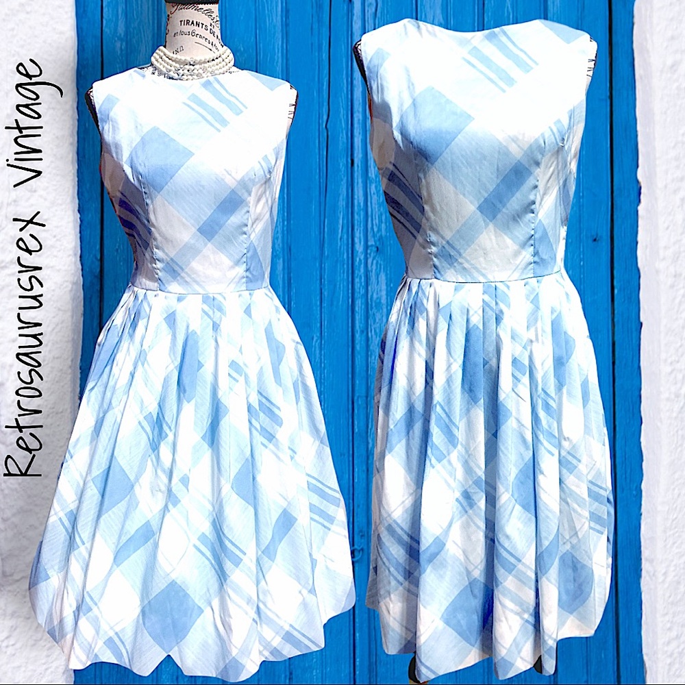 Vintage 1950’s Blue & White Plaid Sleeveless Circle Skirt Dress, Dress de Ville - Picture 1 of 8